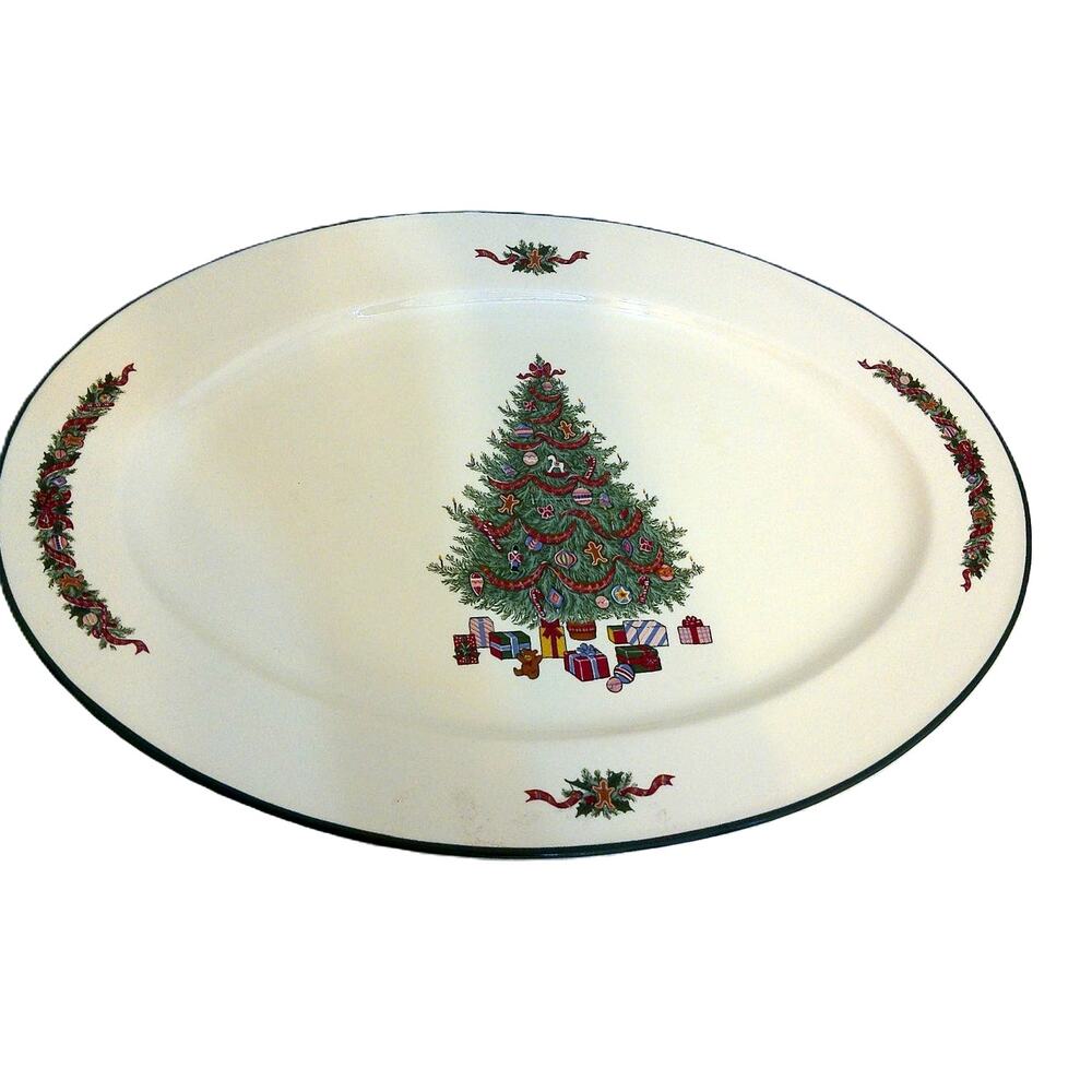 Vintage Caldor Holiday Christmas Tree Oval Stoneware Platter Serving Dish 16"